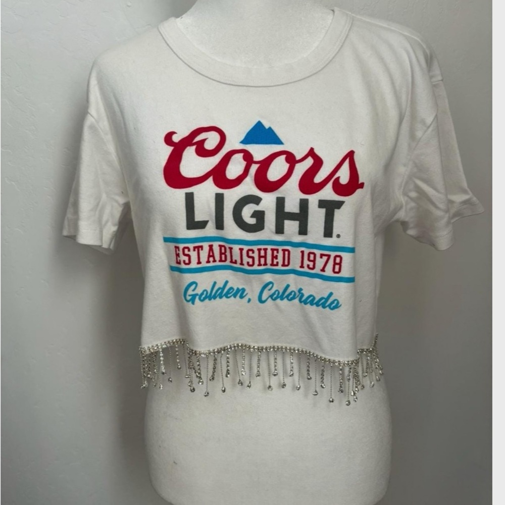 Coors light White Crop Top‎ with Fringe
